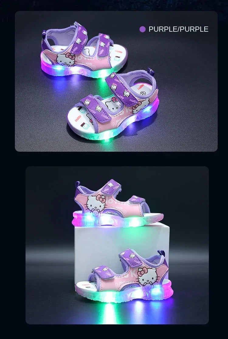 Sandálias infantis com luz LED para bebês meninas, sapatos casuais fofos da Hello Kitty para crianças, calçados antiderrapantes de praia para atividades ao ar livre, verão 2025