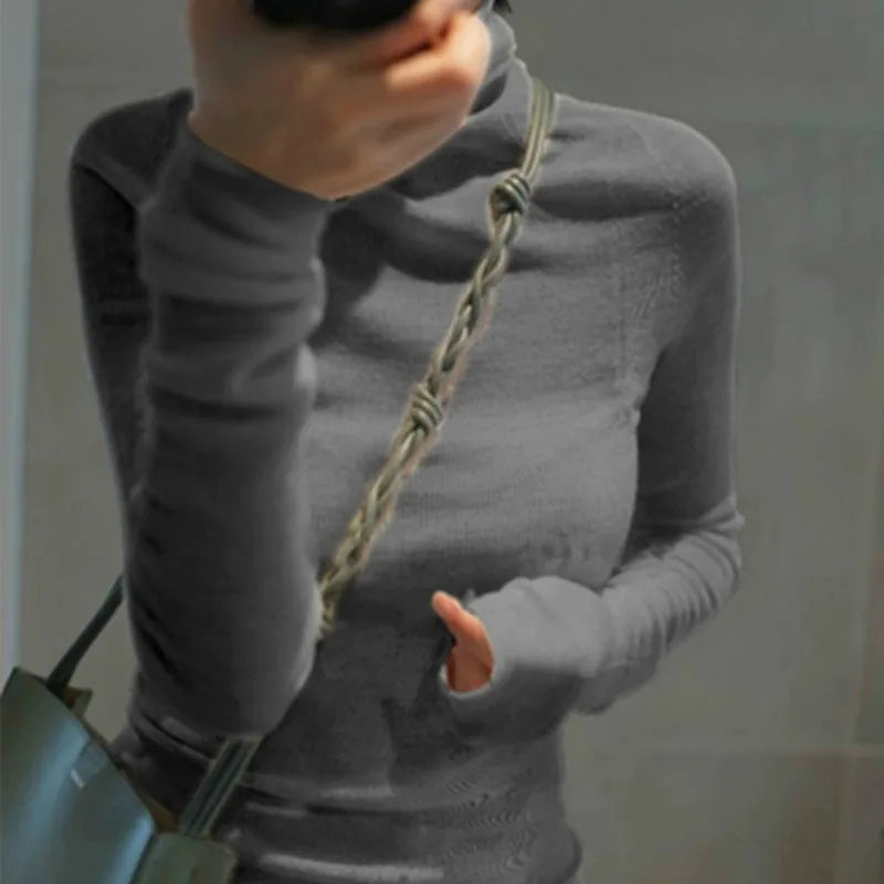 Novo suéter de caxemira feminino outono/inverno 2023, gola alta, suéter ultrafino de lã com pelo
