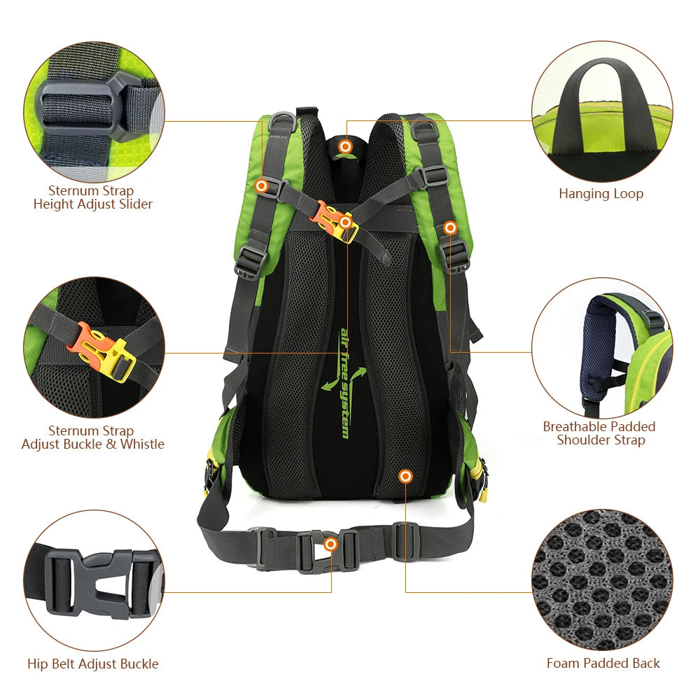 Mochila de viagem resistente à água de 40L para acampamento, caminhada, laptop, mochila de caminhada, escalada, mochilas para homens e mulheres, suprimentos para caminhada