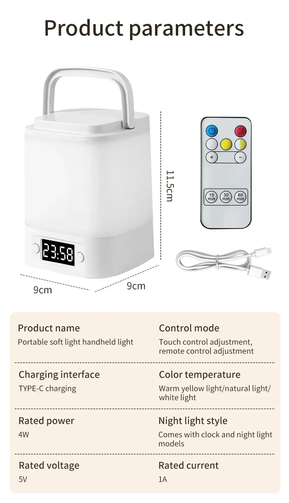 Lâmpada noturna LED com controle remoto e display de hora ou sem proteção para os olhos, lâmpada de leitura, luz noturna de cabeceira recarregável