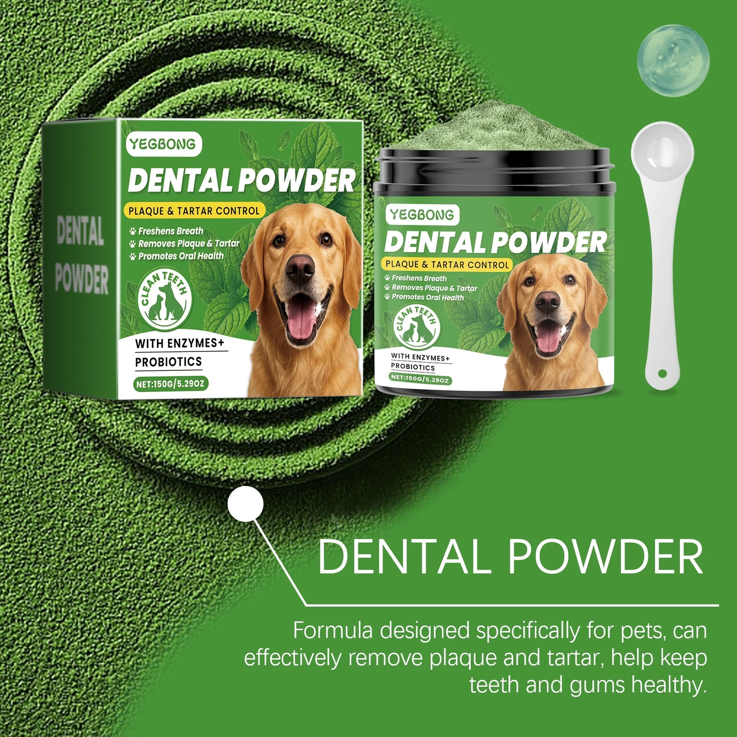 Pó para limpeza de dentes de cachorro Yegbong 150g - Cuidado dental suave para animais de estimação - Remove tártaro, manchas e mau hálito - Clareia os dentes