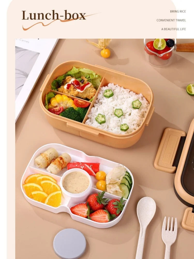 Lancheira de camada dupla 1200ml, compartimento portátil, caixa de alimentos para frutas, salada, micro-ondas, garfo e colher, caixa de piquenique para alimentos frescos