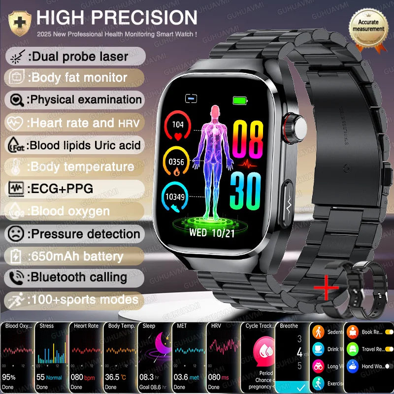 Novo relógio inteligente para Android e iOS, monitor de saúde, masculino e feminino, com precisão de ECG e PPG para ácido úrico e pressão arterial, análise de órgãos e corpo, 2025