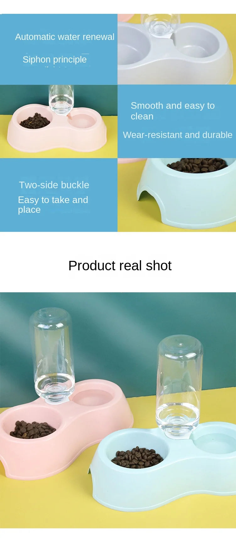 Tigela para gatos, tigela dupla para animais de estimação, tudo em um, para comer e beber água, antiderrapante, com refil automático de água