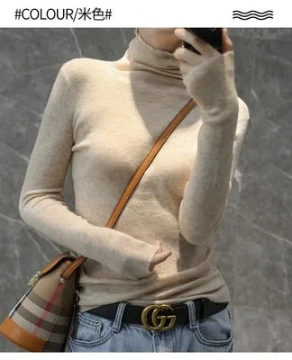 Novo suéter de caxemira feminino outono/inverno 2023, gola alta, suéter ultrafino de lã com pelo