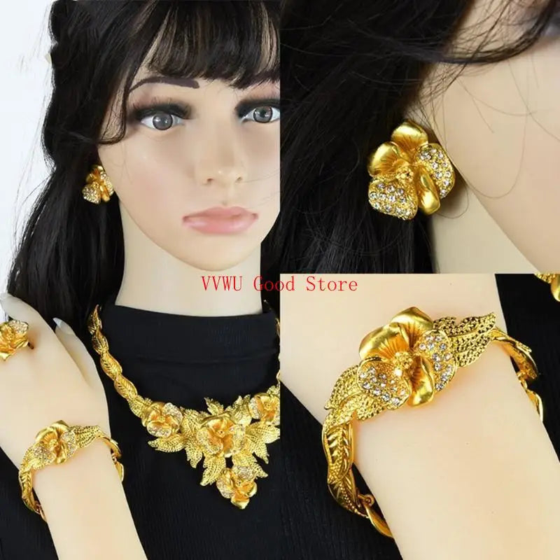 Conjunto de joias florais com strass dourados resistentes, acessório de moda portátil para noivas e festas noturnas