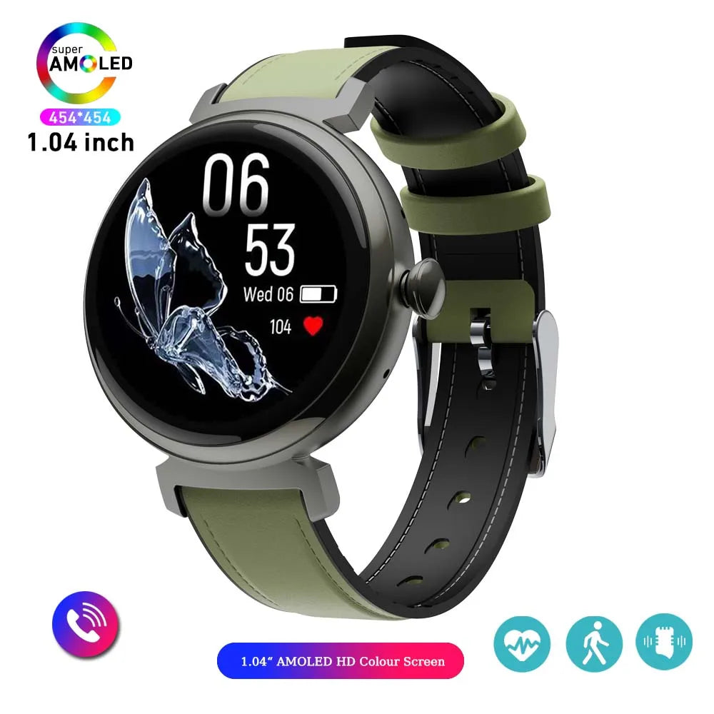 Relógio inteligente feminino moderno com tela AMOLED de 1,04 polegadas, tela sempre exibida, chamada Bluetooth, corpo de metal, tela pequena
