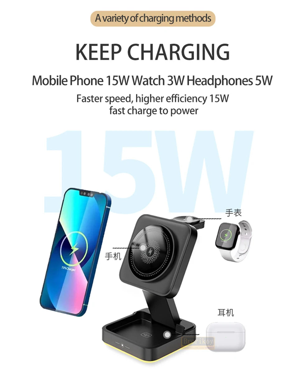 Suporte magnético dobrável 3 em 1 para carregador sem fio para iPhone 16, 15, 14, 13, 12, iWatch 9, AirPods 3 e 2, suporte para estação de carregamento rápido