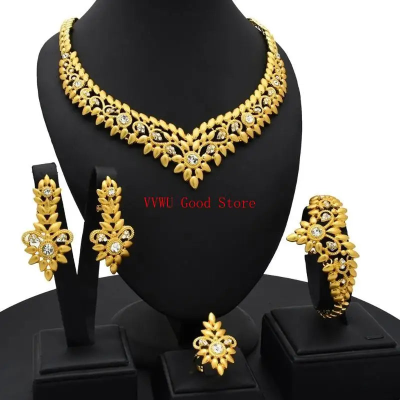 Conjunto de joias florais com strass dourados resistentes, acessório de moda portátil para noivas e festas noturnas