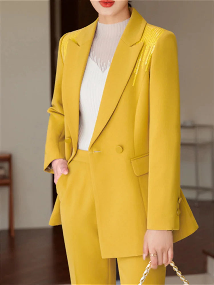 Yitimuceng Conjunto de 2 peças feminino para escritório, nova moda 2025, blazers de manga comprida com lantejoulas, calças flare de cintura alta chiques