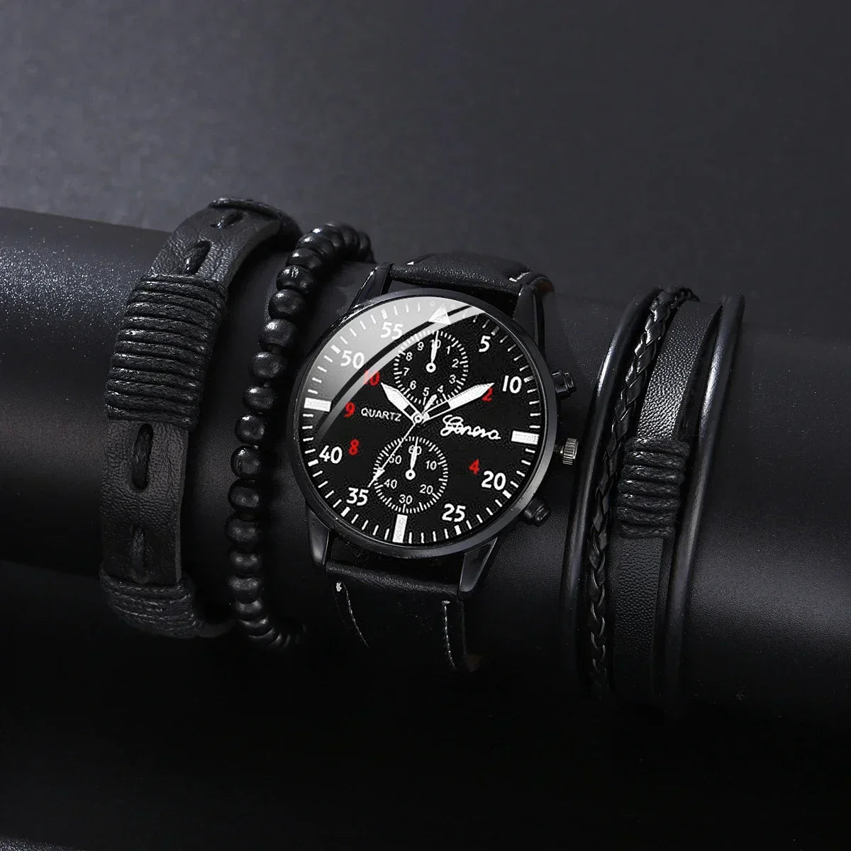 Conjunto de relógios esportivos masculinos 4/2/1 peças, relógio de pulso de quartzo luxuoso com pulseira de couro marrom, relógio casual masculino (sem caixa)