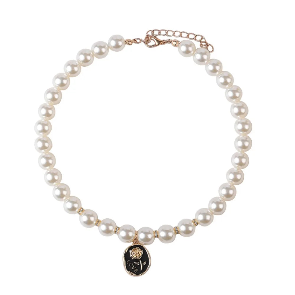 Pet Cat Collars Pearl Rose Pendant Necklace Cat Dog Pearl Collar Pet Pendant Cute High Beauty Retro Decoration Teddy Dog Collar