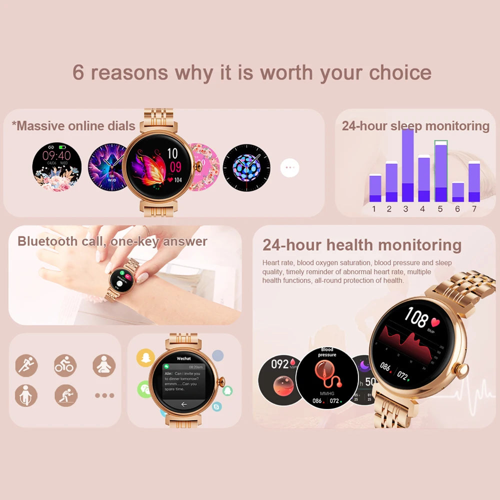 Relógio inteligente feminino moderno com tela AMOLED de 1,04 polegadas, tela sempre exibida, chamada Bluetooth, corpo de metal, tela pequena