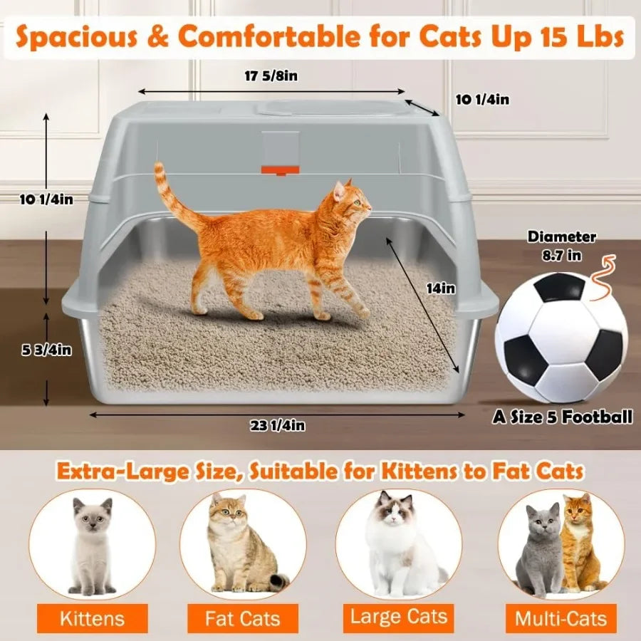 XL Stainless Steel Litter Box with Top Exit Design for Large Cats NonStick Surface Prevents Clumping Advanced Activated Charcoa
