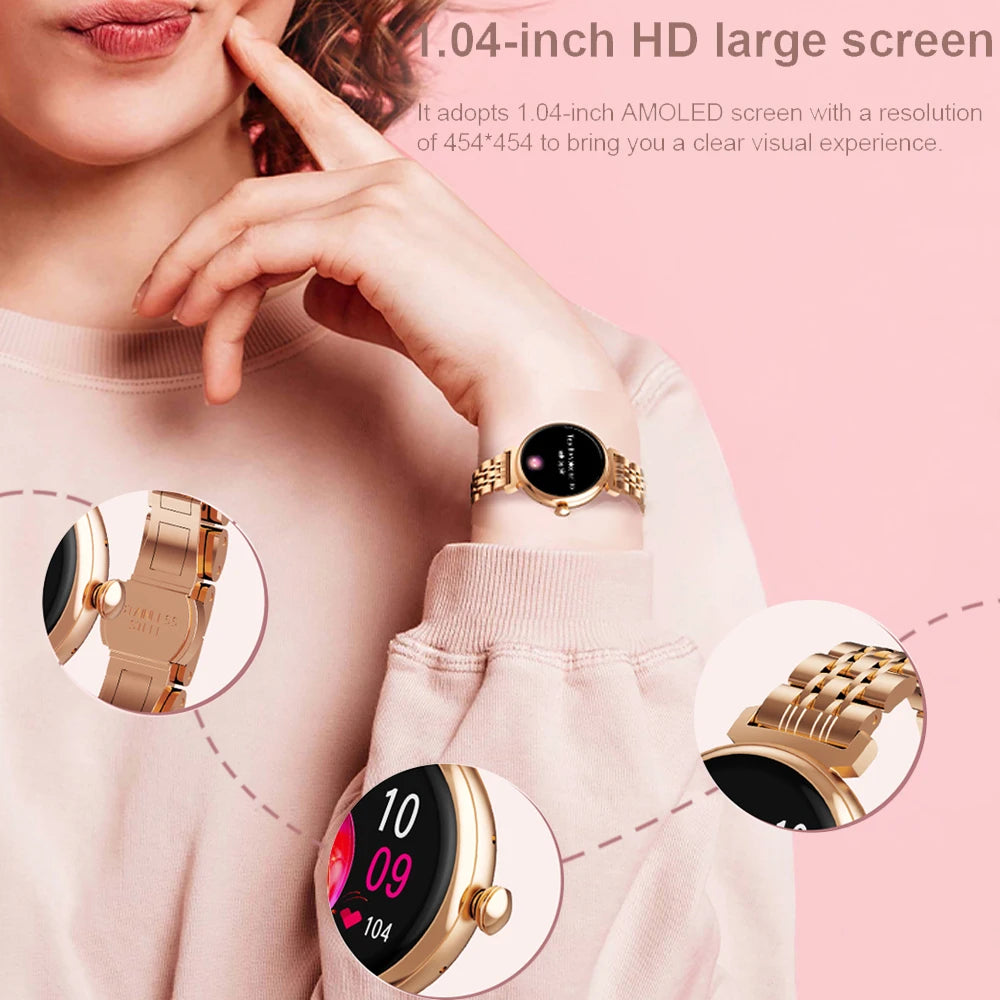 Relógio inteligente feminino moderno com tela AMOLED de 1,04 polegadas, tela sempre exibida, chamada Bluetooth, corpo de metal, tela pequena