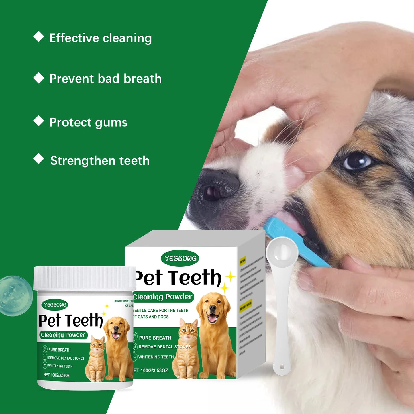 O pó de limpeza para dentes de animais de estimação YEGBONG remove o mau hálito, combate naturalmente o odor de tártaro e mantém o hálito do seu animal de estimação fresco