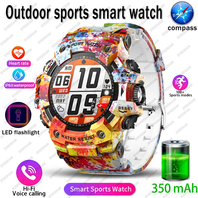Relógio inteligente esportivo robusto 2025 com Bluetooth, chamadas, relógio inteligente militar à prova d'água e colorido com lanterna SOS COMPASS para telefone