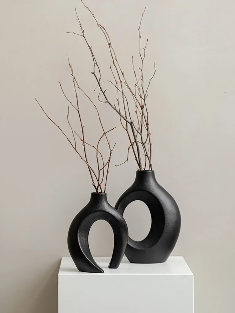Vaso de cerâmica vazado, 2 para decoração moderna de casa, vaso estilo donut boho, vaso decorativo minimalista preto e branco