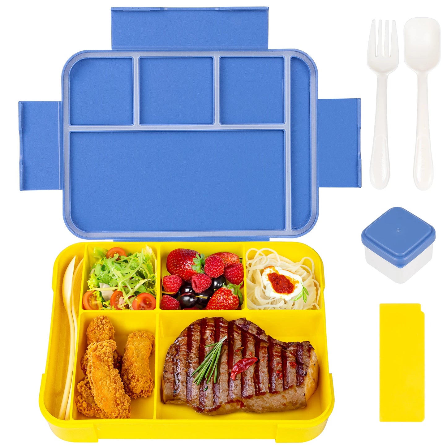 Lancheira Bento para adultos de 1330 ml, recipientes para alimentos com 6 compartimentos e utensílios de mesa para lanches, trabalho, escola, forno de micro-ondas, aquecimento