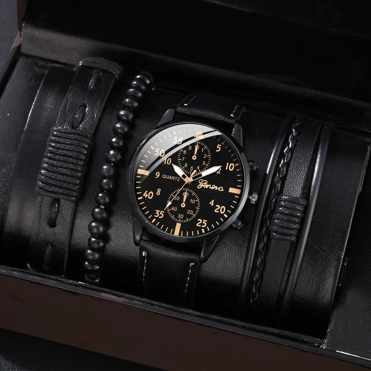 Conjunto de relógios esportivos masculinos 4/2/1 peças, relógio de pulso de quartzo luxuoso com pulseira de couro marrom, relógio casual masculino (sem caixa)