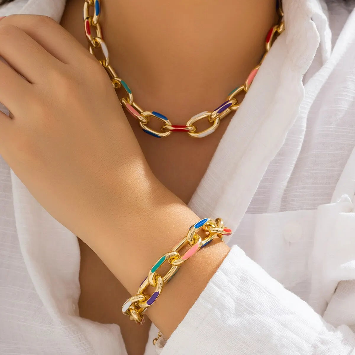 Conjunto de 2 peças de colar e pulseira de gargantilha boêmia colorida, conjunto de joias com corrente cruzada clássica, acessórios para mulheres, presente e festa