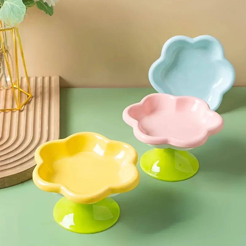Tigela de cerâmica para animais de estimação com design de flores, tigela para comida de gato, prato de água com pé alto, prato para lanche com suporte para proteção do pescoço, água potável