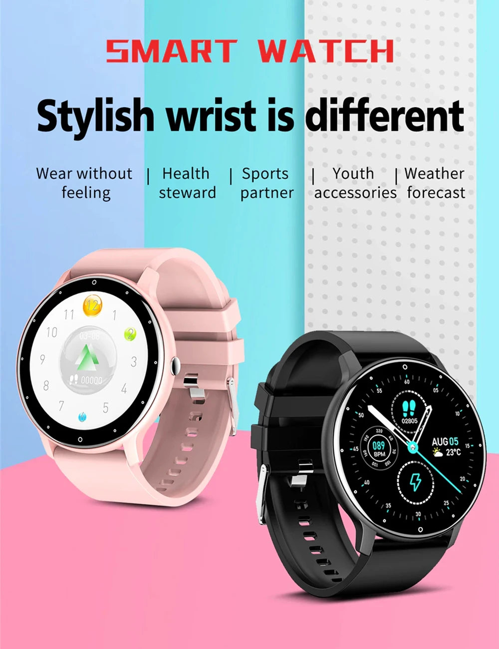 Relógio inteligente ZL02 com tela sensível ao toque, esportivo, fitness, IP67, à prova d'água, Bluetooth, recarregável, presente para homens e mulheres