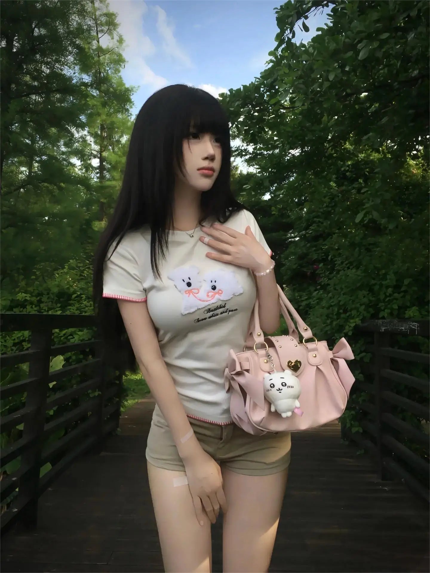 Bolsa de mão rosa com laço doce Lolita, bolsa feminina Harajuku Love Heart, bolsa transversal macia, bolsa de ombro feminina Kawaii de grande capacidade