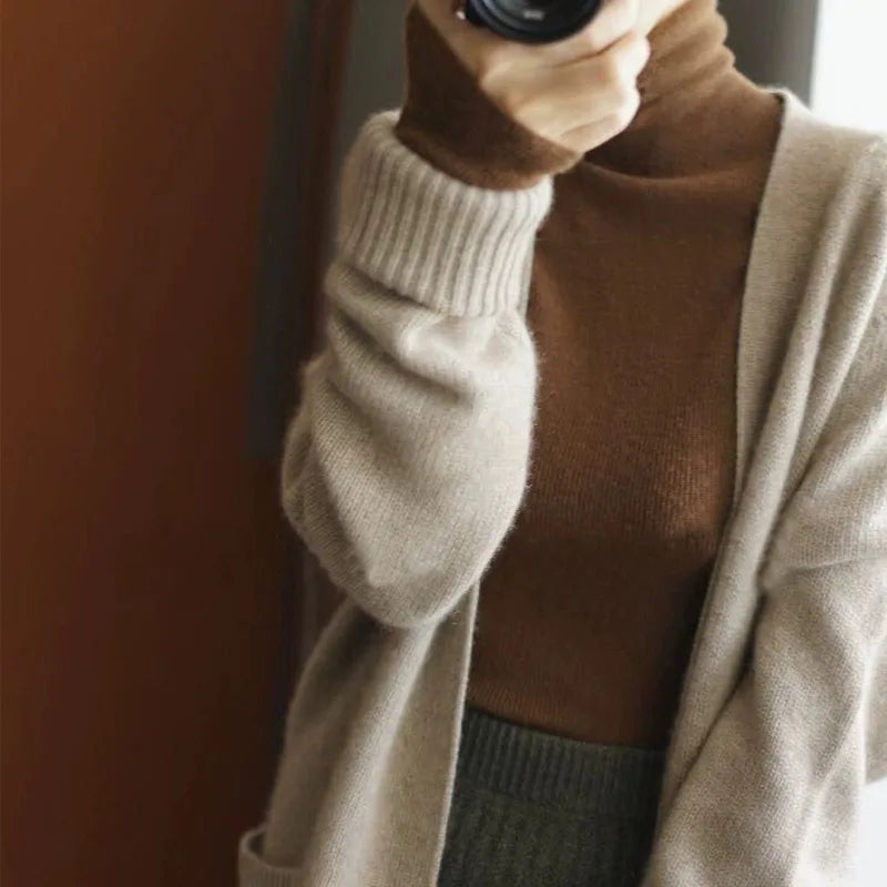 Novo suéter de caxemira feminino outono/inverno 2023, gola alta, suéter ultrafino de lã com pelo