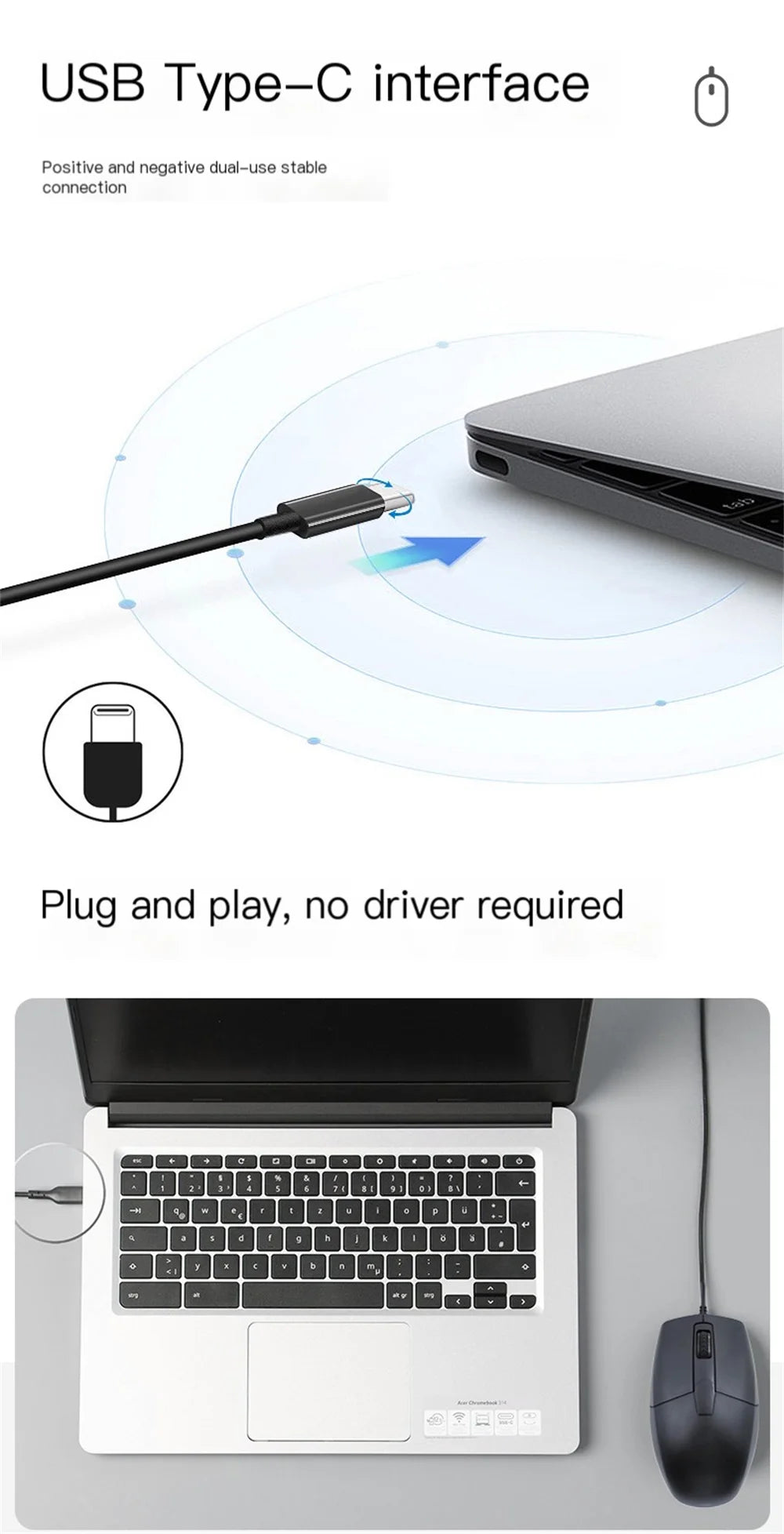 Mouse com fio tipo C, sistema plug and play, leve, portátil, com botão de baixo ruído, para uso em escritório, para negócios e escritório