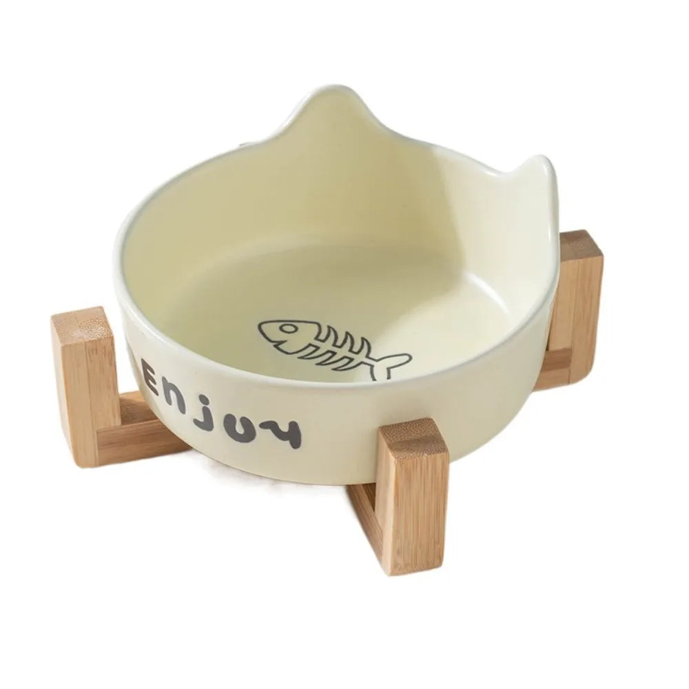 Tigela de cerâmica para animais de estimação, tigela fofa simples/dupla, bacia de alimentação para cães, grande capacidade com suporte, alimentador para animais de estimação, proteção para o pescoço
