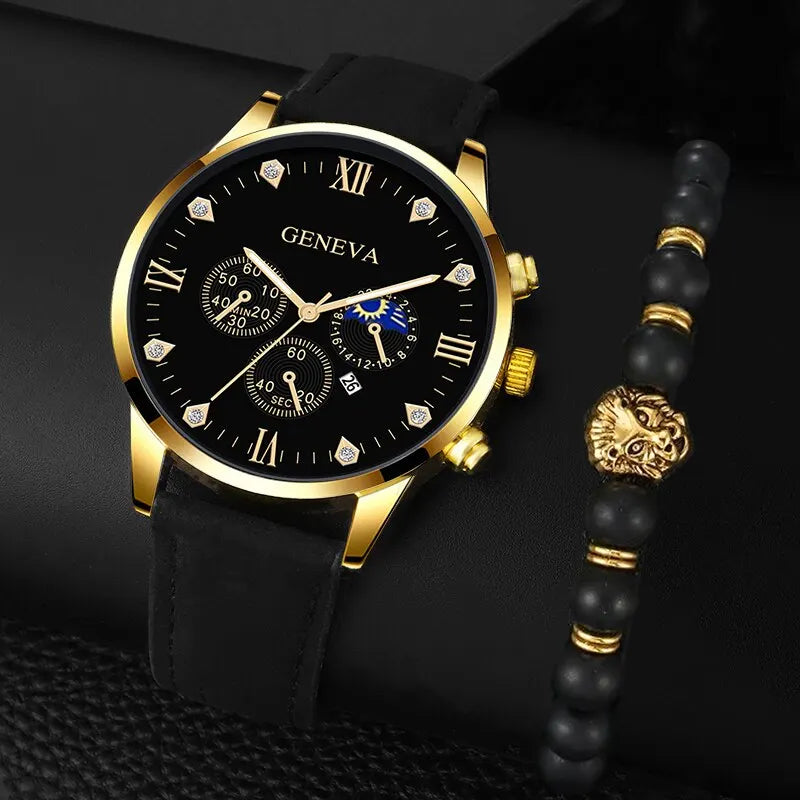 Conjunto de 2 relógios masculinos de luxo de quartzo, pulseira, relógio para homens, negócios, moda casual, ponteiro redondo, relógio de calendário