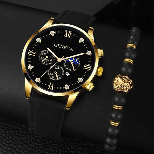 Conjunto de 2 relógios masculinos de luxo de quartzo, pulseira, relógio para homens, negócios, moda casual, ponteiro redondo, relógio de calendário