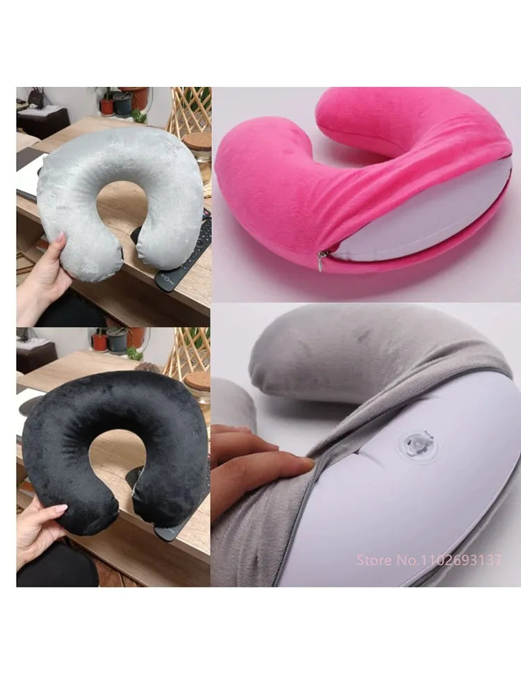 Travesseiro de viagem em formato de U, portátil, preguiçoso, inflável, suporte cervical, curto, pelúcia, itens essenciais para dormir no escritório