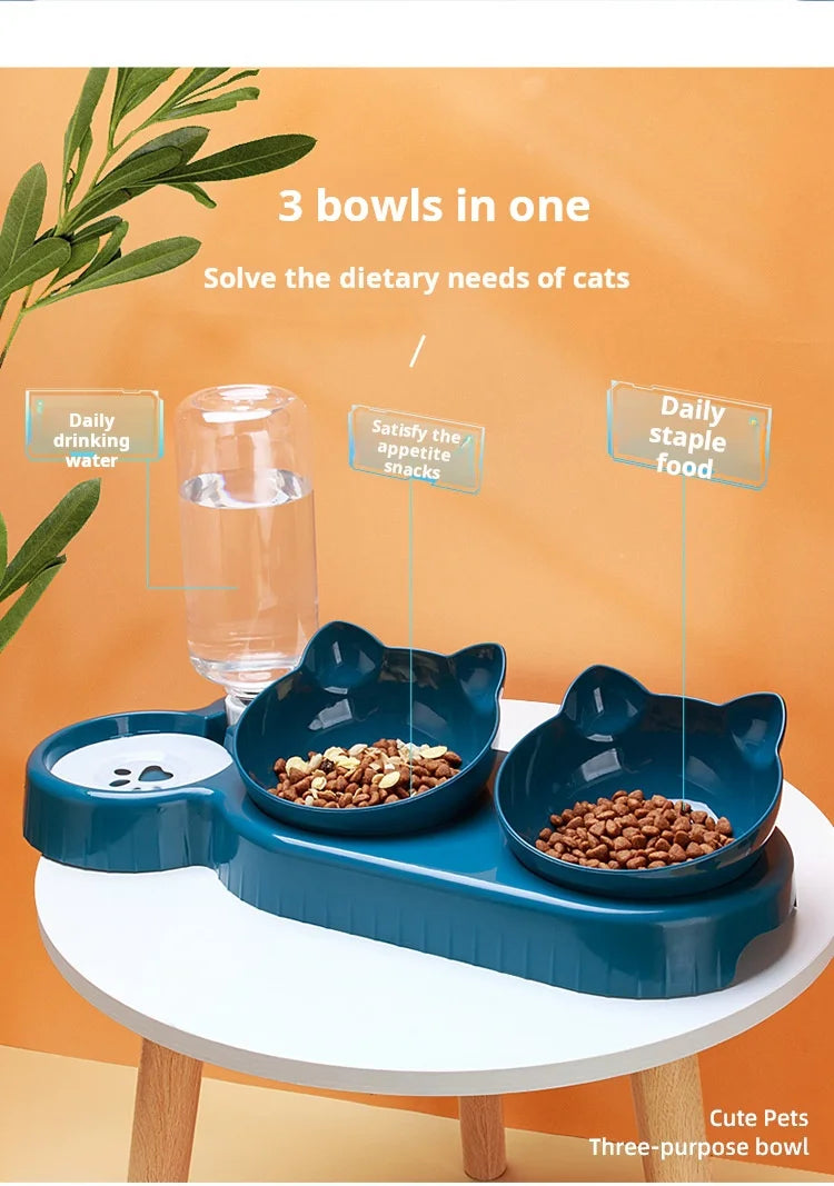 Tigelas para animais de estimação com alimentador de água, design 3 em 1 para orelhas, conjunto de tigelas de água e comida para gatos com garrafa de água por gravidade para proteção do pescoço