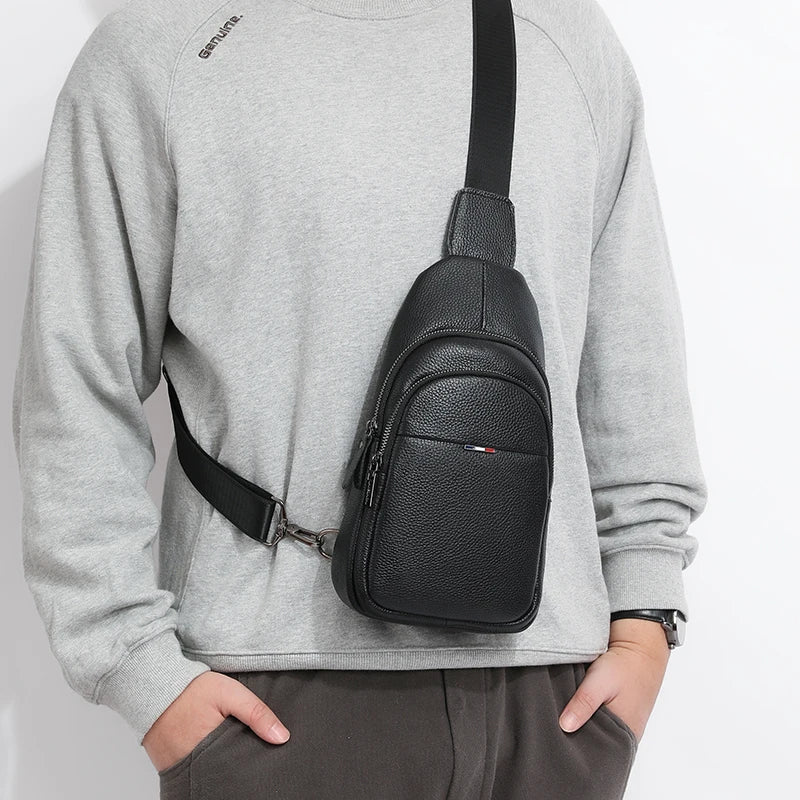 Bolsa de peito masculina 100% couro legítimo, bolsa de ombro masculina, bolsa mensageiro, bolsa transversal casual, bolsa de mão da moda masculina