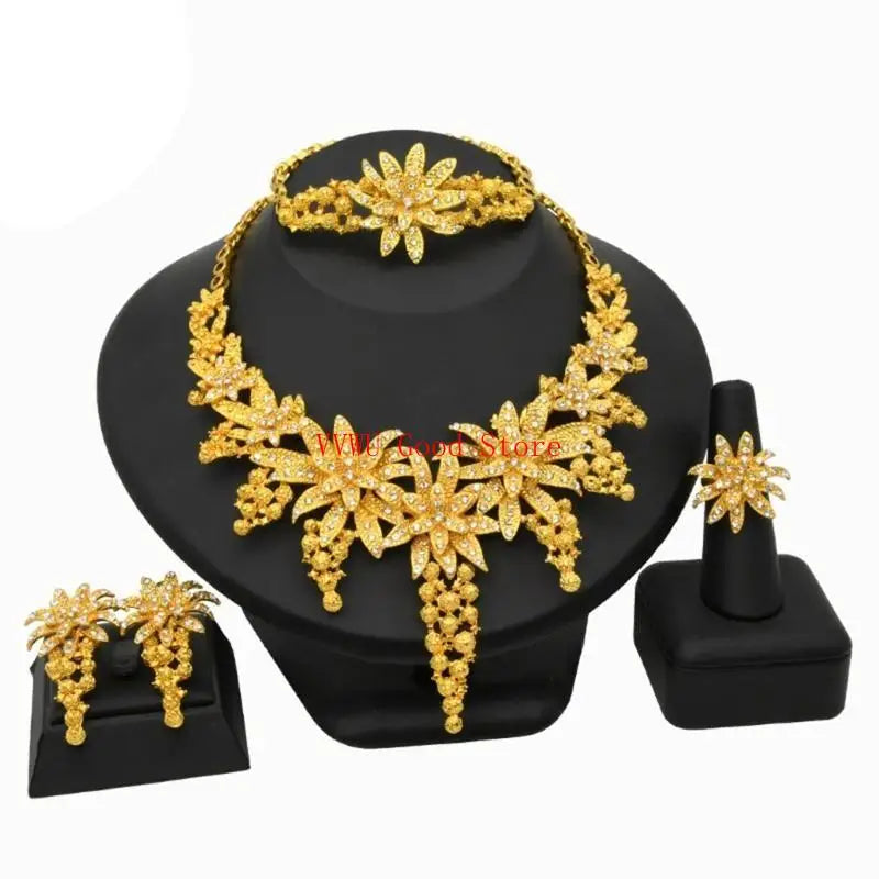 Conjunto de joias florais com strass dourados resistentes, acessório de moda portátil para noivas e festas noturnas