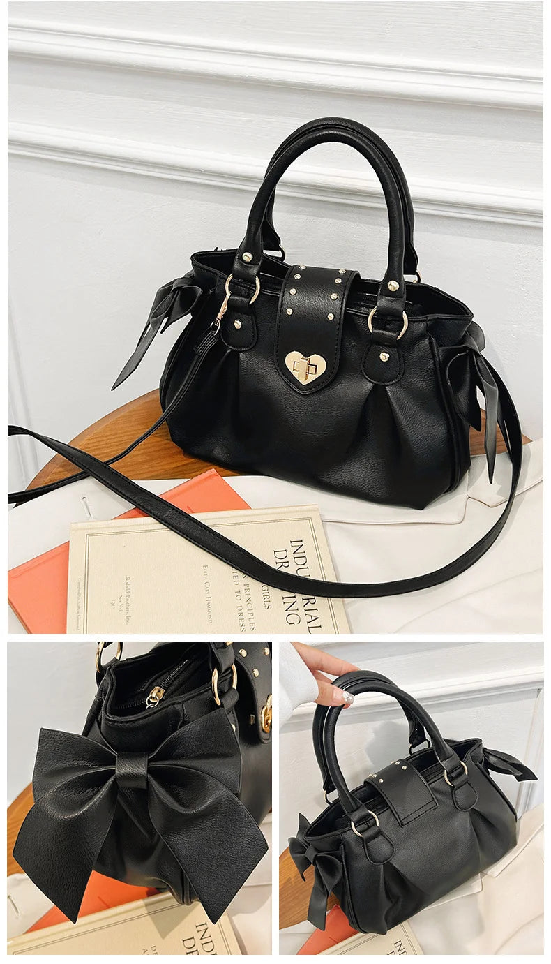 Bolsa de mão rosa com laço doce Lolita, bolsa feminina Harajuku Love Heart, bolsa transversal macia, bolsa de ombro feminina Kawaii de grande capacidade