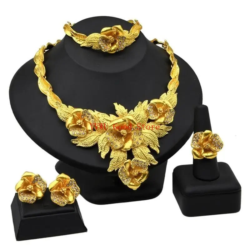 Conjunto de joias florais com strass dourados resistentes, acessório de moda portátil para noivas e festas noturnas