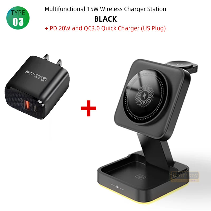 Suporte magnético dobrável 3 em 1 para carregador sem fio para iPhone 16, 15, 14, 13, 12, iWatch 9, AirPods 3 e 2, suporte para estação de carregamento rápido
