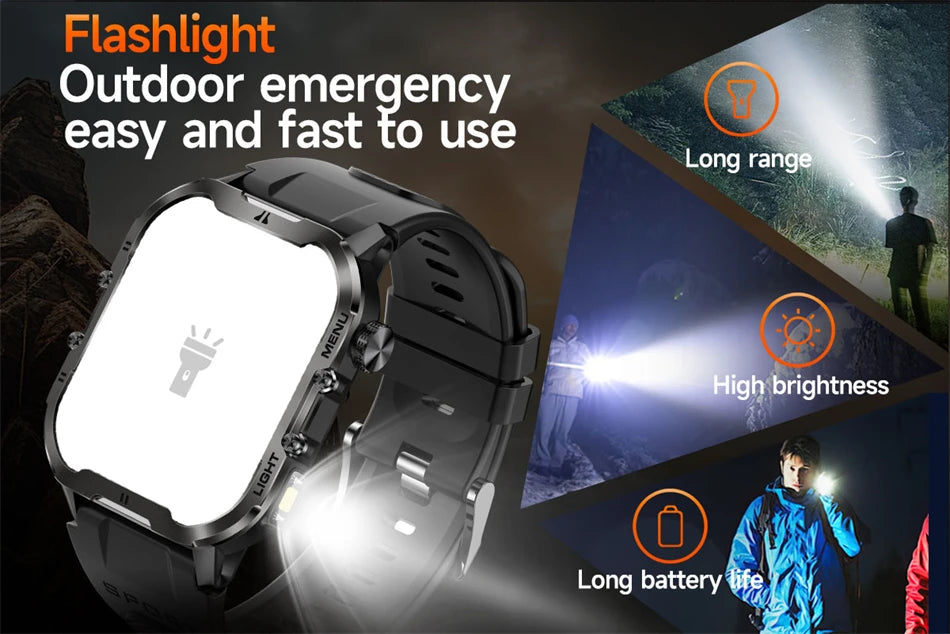 Novo relógio inteligente militar Xiaomi 2024 para homens, esportes ao ar livre, lanterna, fitness, monitor de saúde, 1,96" BT Call Smartwatch