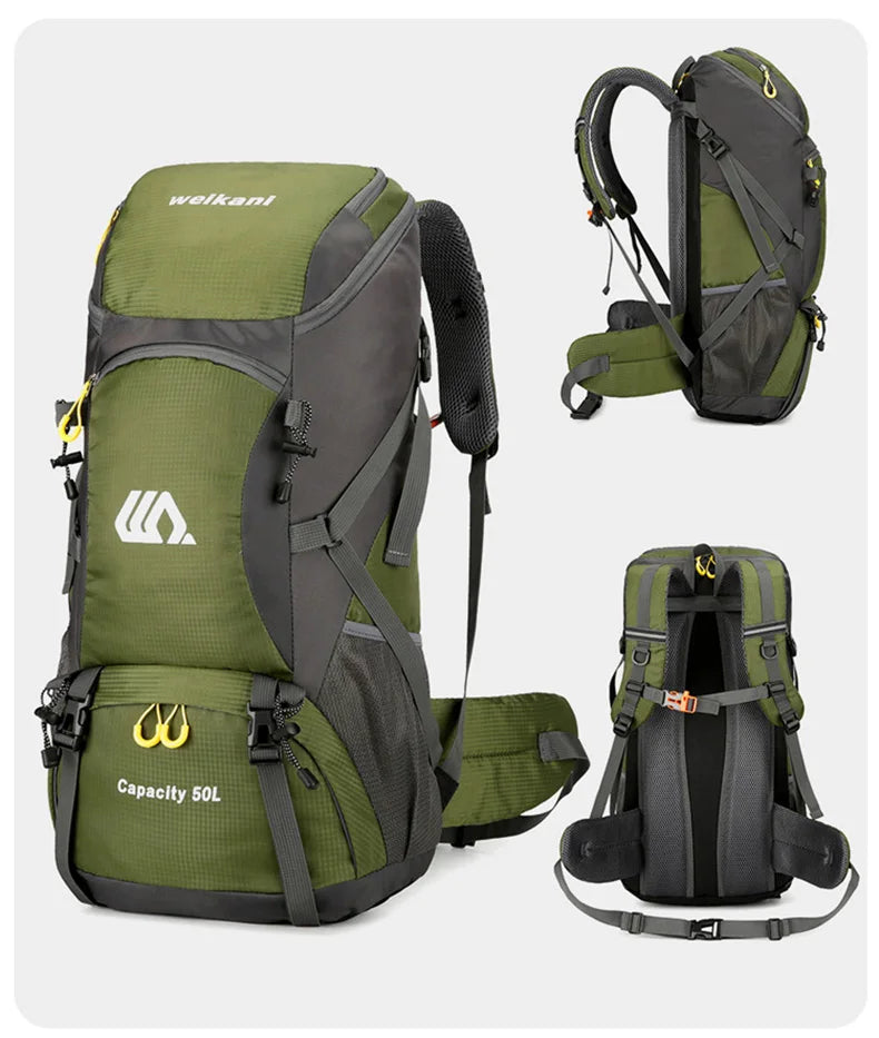 Mochila de viagem 50L para acampamento, masculina, grande, para trilhas, mochila turística, à prova d'água, para esportes ao ar livre, escalada, montanhismo, bagagem