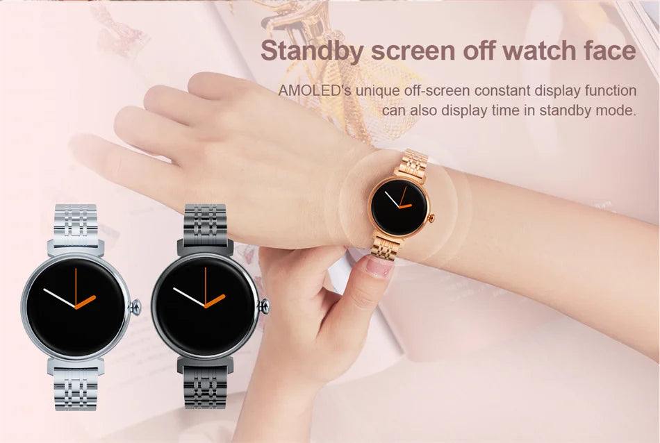 Relógio inteligente feminino moderno com tela AMOLED de 1,04 polegadas, tela sempre exibida, chamada Bluetooth, corpo de metal, tela pequena