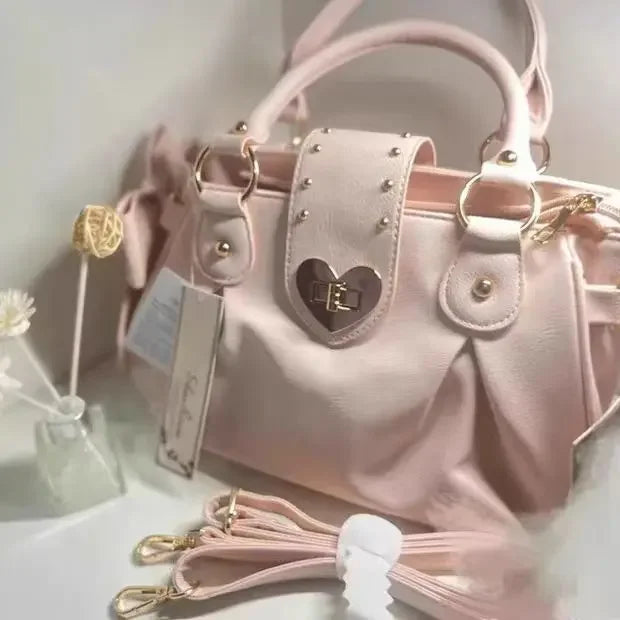 Bolsa de mão rosa com laço doce Lolita, bolsa feminina Harajuku Love Heart, bolsa transversal macia, bolsa de ombro feminina Kawaii de grande capacidade