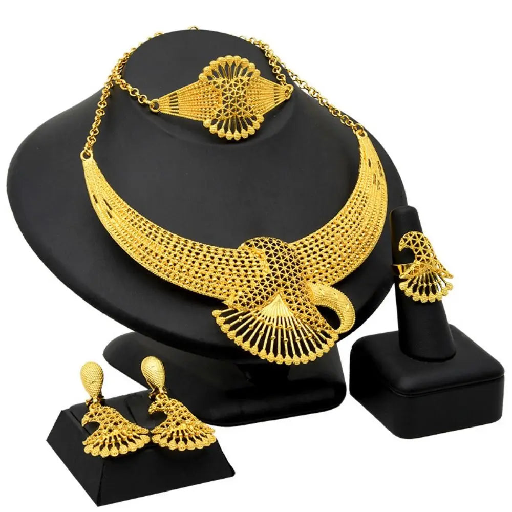 Conjunto de 4 joias indianas banhadas a ouro para noivas, colar/brincos/pulseira/anel, joias luxuosas banhadas a ouro de alta qualidade e duráveis