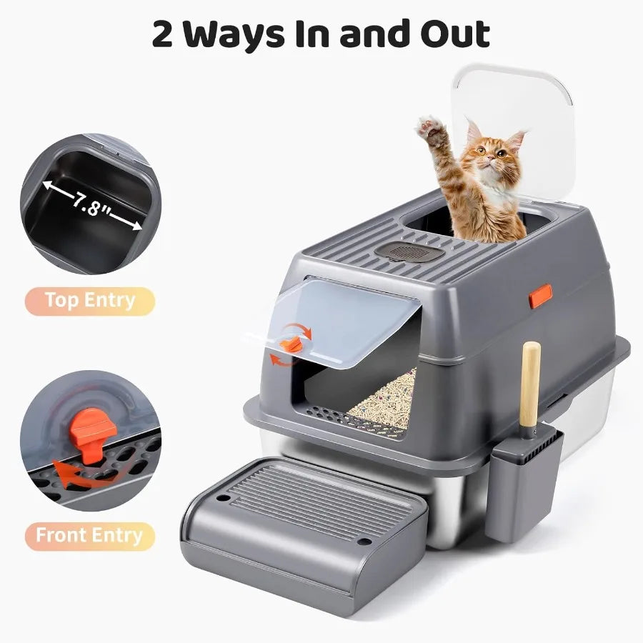 XXL Stainless Steel Enclosed Litter Box with Lid 23.6L x 15.7W x 15.7H for Large Cats High Sided Top Entry Design with Removabl