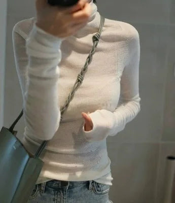 Novo suéter de caxemira feminino outono/inverno 2023, gola alta, suéter ultrafino de lã com pelo