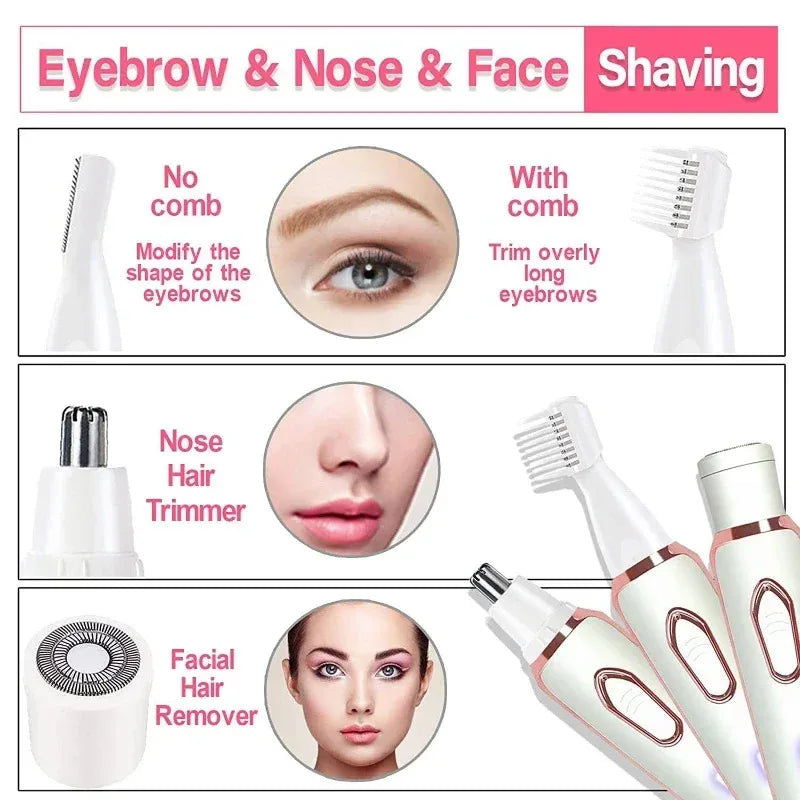Depilador elétrico 4 em 1 para mulheres, depilador facial, aparador, depilador indolor para mulheres, para sobrancelhas e nariz