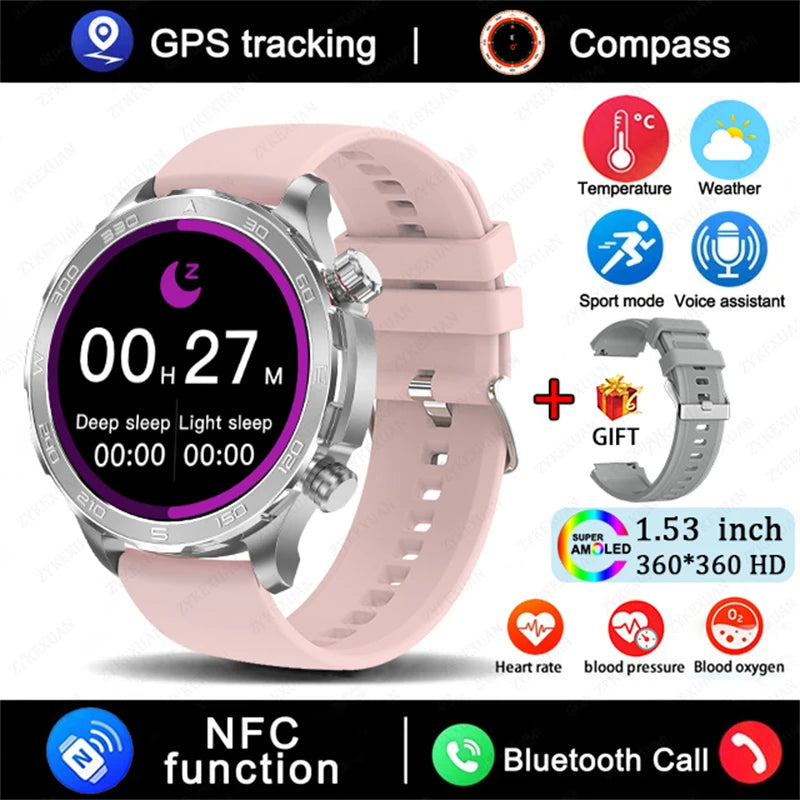 Novo relógio inteligente masculino com GPS e Bluetooth, tela AMOLED HD, frequência cardíaca, NFC, IP68, à prova d'água, esportivo, para Android e iOS, 2025