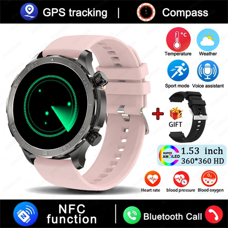 Novo relógio inteligente masculino com GPS e Bluetooth, tela AMOLED HD, frequência cardíaca, NFC, IP68, à prova d'água, esportivo, para Android e iOS, 2025